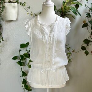 BCX White Lace Trim Button Front Peplum Blouse – Size L